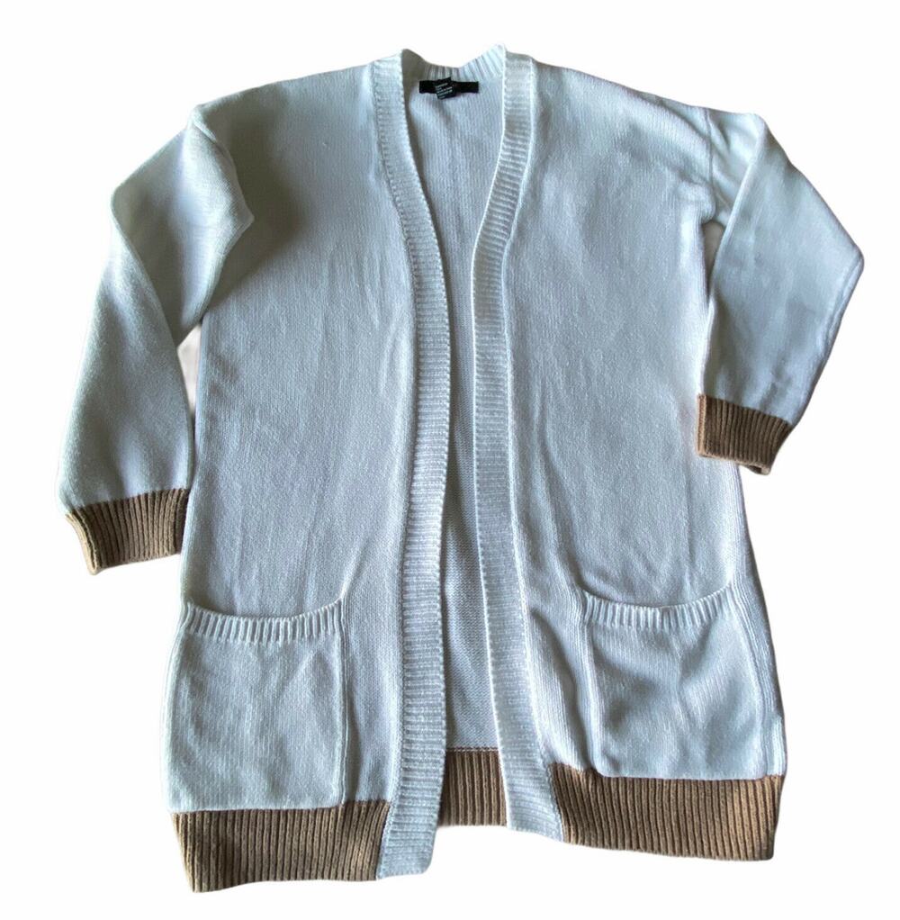 Forever 21 Colorblock Open Front Cardigan Sweater Ivory Brown Trim Pocket Size S
